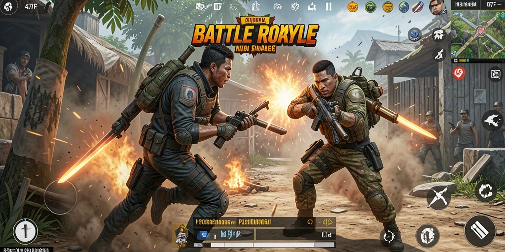 Tangkapan layar gameplay Battle Royale 47F yang menegangkan dan penuh aksi.