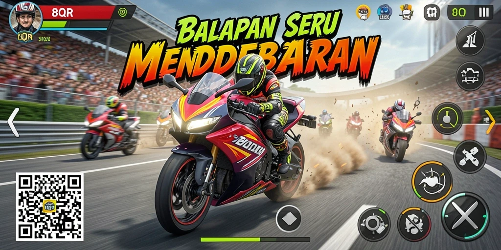 Screenshot gameplay 8QR menampilkan balapan motor yang intens.