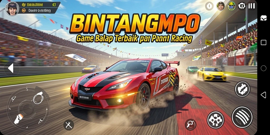 Tampilan gameplay mendebarkan dari BINTANGMPO saat mobil beradu cepat.