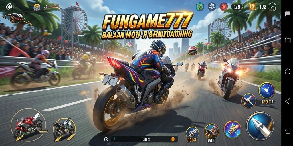 Tampilan gameplay seru dari FUNGAME777 dengan balapan motor yang mendebarkan.