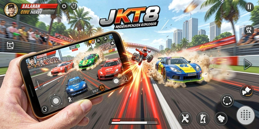 Screenshot gameplay JKT8 saat mobil melaju cepat di lintasan balap.