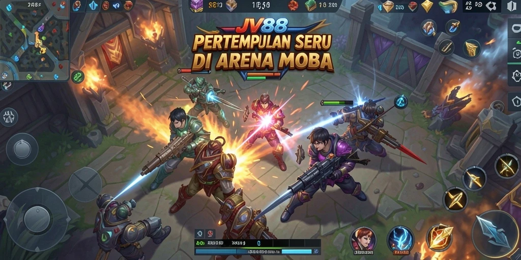 Tampilan gameplay JV88 dengan karakter yang bertarung di arena MOBA.