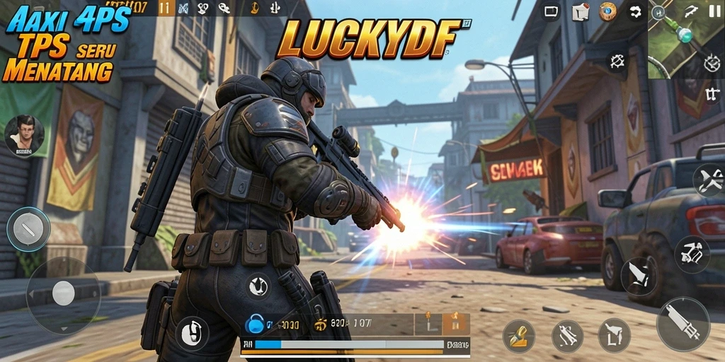 Tampilan gameplay seru dari LUCKYDF dengan aksi menembak yang intens.