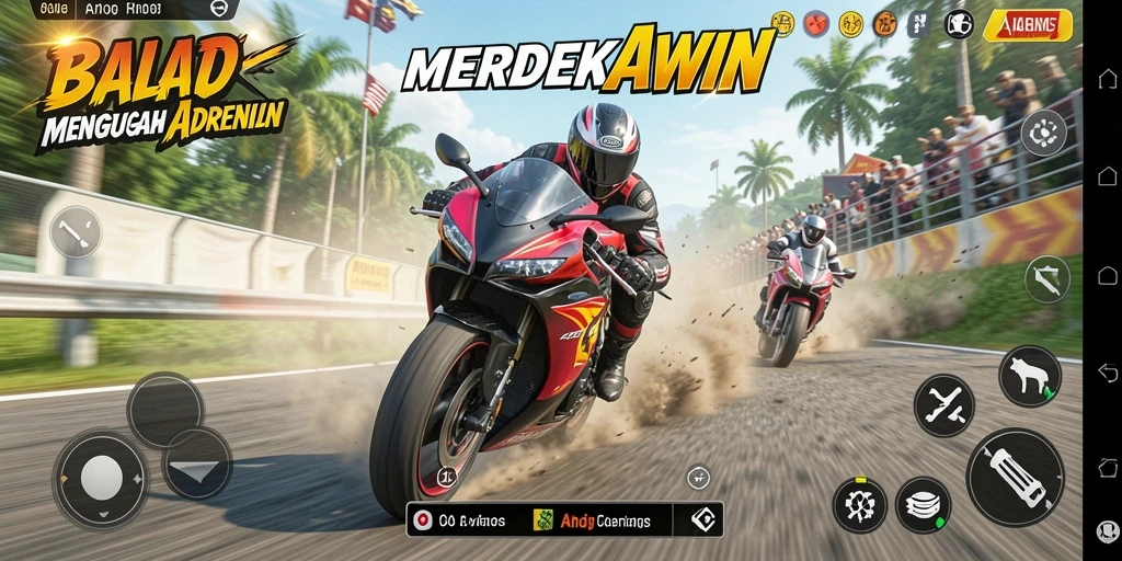 Gameplay seru di MERDEKAWIN dengan balapan motor yang mendebarkan.