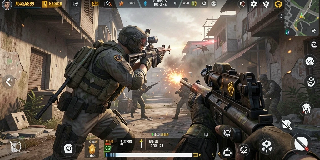 Tampilan gameplay NAGA889 saat pertempuran intens di medan laga FPS.