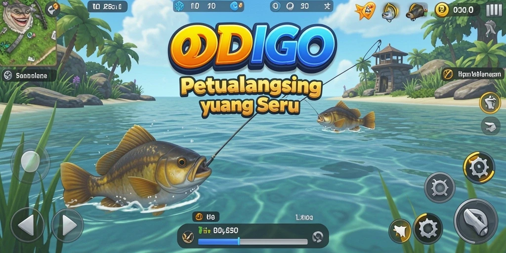 Tampilan gameplay ODDIGO yang menampilkan aktivitas memancing yang seru.