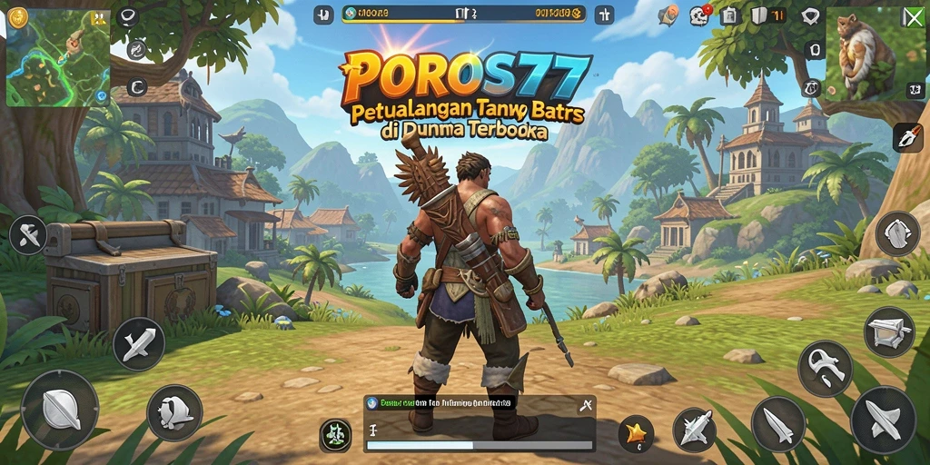 Tampilan gameplay POROS77 dalam dunia terbuka yang luas.