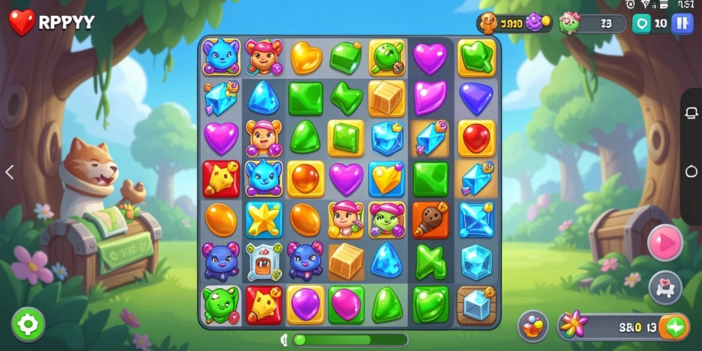 Screenshot gameplay RPYYY menampilkan kombinasi permata yang seru.
