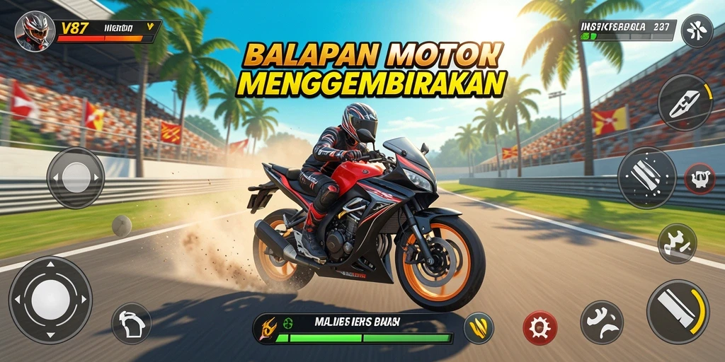 Gameplay V87 dengan aksi balapan motor yang menegangkan.